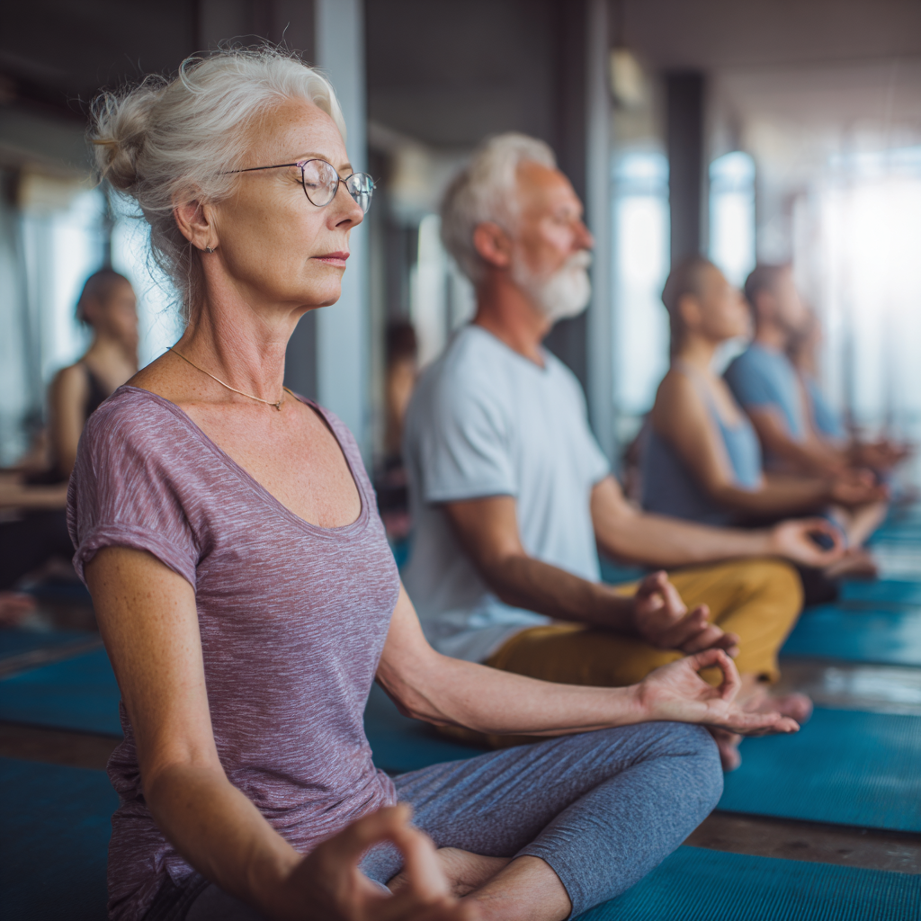 Smiling Ukrainian adults practicing yoga outdoors in a peaceful garden setting