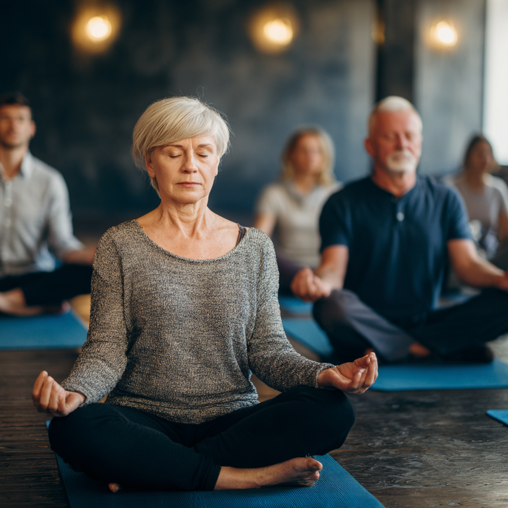 Group of diverse Ukrainian adults in peaceful yoga meditation pose at sunset